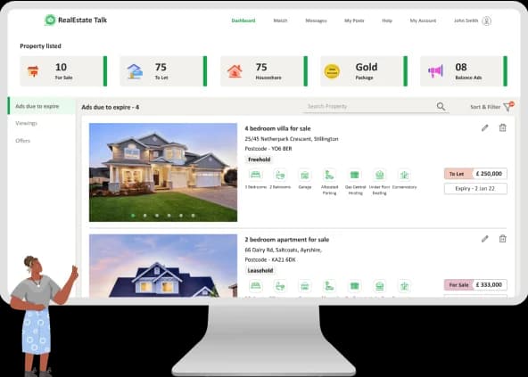 Agent dashboard showing property ads and lead tracking