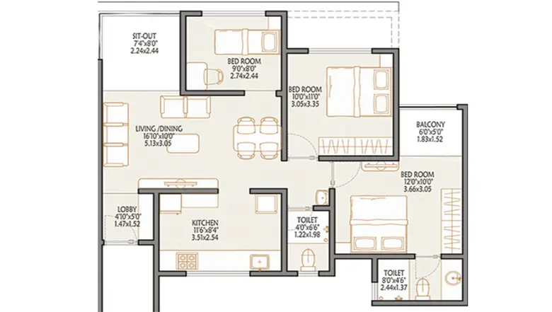2 BHK Floor Plan
